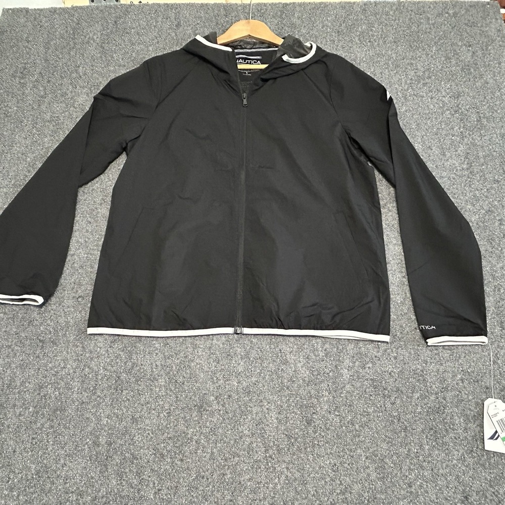 NAUTICA women Black Hooded Full-Zip Wind & Water Resistant Jacket-Large Packable